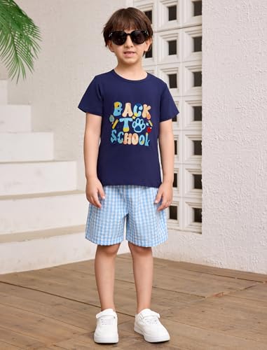 Image of OBEEII Back to School Outfit Toddler Boy Short Sleeve Graphic Shirt Gingham Shorts First Day of School Summer Clothing Set