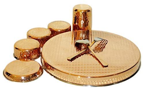Image of Dinner Set Copper Steel Solid Hand Made Kitchen Plate /Thali Hotel And Home Dinnerware Gifting Purposes Heavy Weight Dinner Set Of 7 Pieces (Set Of 8 Pieces Including Fork Spoon)