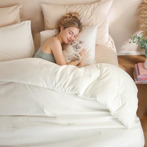 Image of weigelia Super-Soft Micorfiber Comforter Set - Full Size Cream White Lightweight Warmth Comforter for All Season Use, Machine Washable White Bedding Set (1 Comforter, 1 Pillowcases)