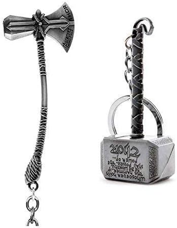 Electro Cloud Marvel Avengers Infinity War Thor Axe-Hammer & Mjolnir- Hammer Stormbreaker Silver Metal Keychain & Keyring (Pack of 2) for Bikes, Cars, Bags, Home, Cycle (Silver)