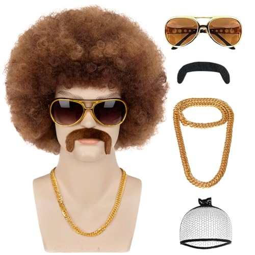 Mens Afro Wigs for 70s Rocker Disco Party 5pcs Set (Wig+ Glasses+ Disco Necklace+ Mustache+ Wig Cap) Afro Puff Wigs for 70s 80s Halloween Costume Cosplay Party Use (Mixed Brown)