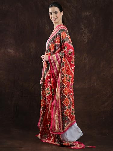 Phulkari Dupatta/Chunni For Women's from Punjab with Multicolor Thread Embroidery and Bead-Mirror Work3