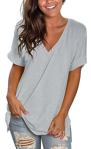 Image of Sampeel Women's V Neck T Shirts Casual Rolled Short Sleeve Side Split Summer Tops Loose Fit
