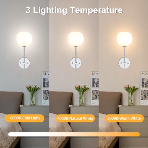 Image of Chrome Battery Operated Wall Sconces Set of 2, Rechargeable Wireless Wall Lights with Milky White Frosted Glass, 12 RGB and 3CCT Dimmable, Wall Lamps with Remote for Bedroom Living Room Hallway