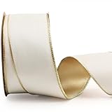 LaRibbons Velvet Wired Ribbon Ivory and Gold 10 Yards 2.5 Inch Wide Double Faced Velvet Ribbon for Christmas Tree Garland, Gift Wrapping, Wreath Bow, Outdoor Decoration