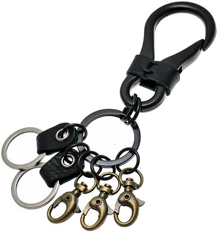 Jewel Hiphop Black Coated Carabiner Keychain with Leather Accents and Additional Locks and Keyrings