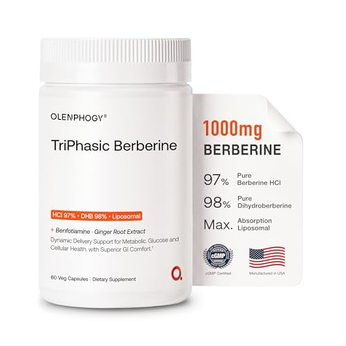 TriPhasic Berberine 1000mg 9X Absorption Liposomal Berberine Ultra Pure Dihydroberberine & Berberine HCl Digestive-Friendly Berberine Supplement for Metabolic Support Gut Balance 60 Veg Capsules