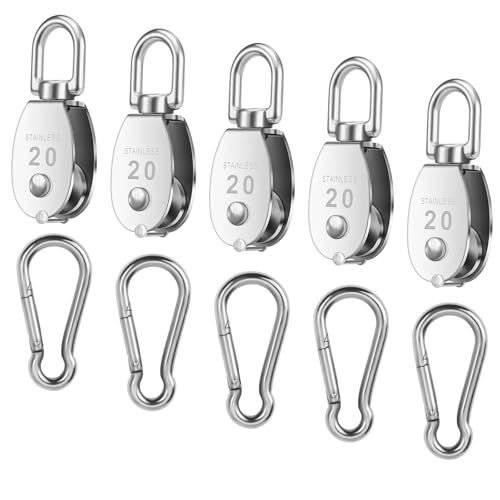 5 PCS 304 Stainless Steel M20 Silver Single Pulley Block Wire Rope Hanging Wire Towing Wheel, Lifting Crane Pulley, with 5 PCS Spring Snap Hook