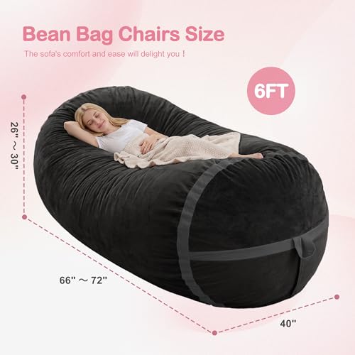 Image of 6FT Bean Bag Chair 6'Giant Bean Bag Chairs with Adults, Large Beanbag Chair | Bean bag Lounger with Machine Washable Cover Dutch Velvet Fabric, Comfy Chairs for Living Room, Bedroom, Dorm, Black