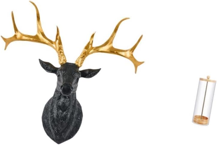 Fenteer Deer Head Statue Wall Ornament Straw Holder Acrylic Straw Dispenser Resin Wood Stainless Steel Drinking Straw Organizer Suitable for Living Room Bedro