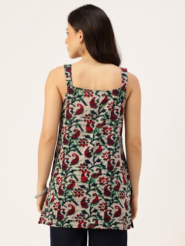 Image of feranoid Women's Printed Sleeveless Short Kurti with Stylish Neck, Backless Design & Side Slits (XS-XL)