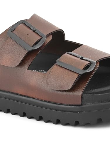 Image of STANPHORD Men Double Buckle Slider Sandals | Faux Leather Fashion Chappal | EVA Non-Slip Cushioned Sole | Casual Summer Daily Indoor Outdoor Wear (TPAI 14102)