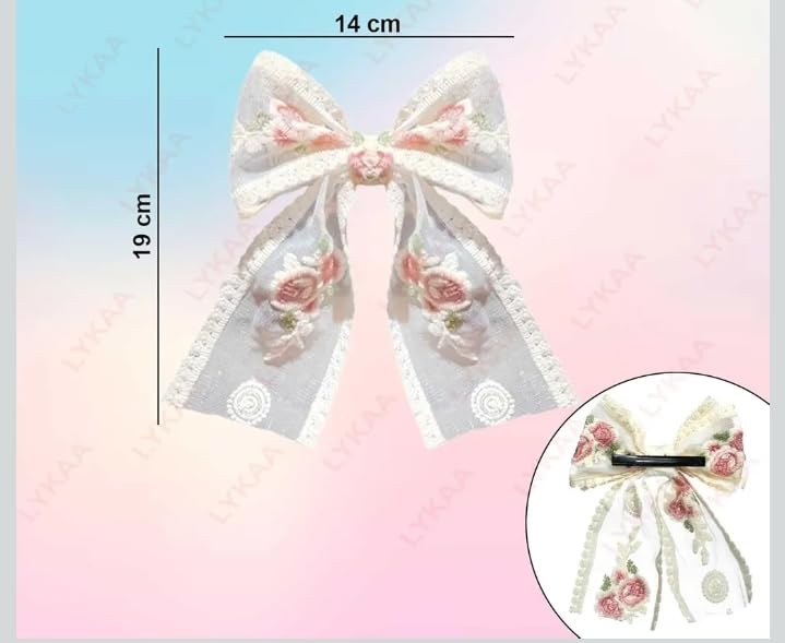Image of Big Lace Bow Hair pin For Women Flower White Bow with Foral Embroidery For Girls Clips in Function Party Headpin White Hair Accessories Best Gift (Pack of 1)