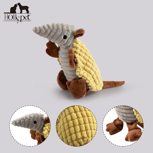 Image of Hollypet Plush Dog Squeaky Toy Stuffed Armadillo Animal Pet Puppy Chew Toys with Clean Teeth for Small Medium Large All Breed Sizes Dogs, Yellow, 8 in