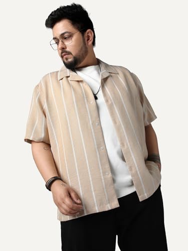 Image of Urbano Plus Men's Cotton Half Sleeve Relaxed Fit Linen Striped Shirt with Cuban Collar
