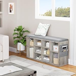   IDEALHOUSE-Shoe-Storage-Bench-with-Cushion-10-Cubbies-Storage-Rack-Bench-with-Padded-Seat-41-Cubby-Seat-Shoe-Cabinet-with-Adjustable-Shelf-for-Entryway-Hallway-Living-Room-Grey