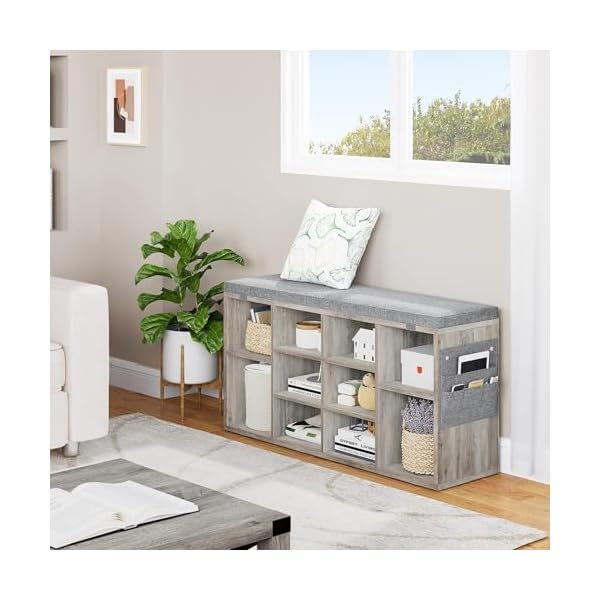   IDEALHOUSE-Shoe-Storage-Bench-with-Cushion-10-Cubbies-Storage-Rack-Bench-with-Padded-Seat-41-Cubby-Seat-Shoe-Cabinet-with-Adjustable-Shelf-for-Entryway-Hallway-Living-Room-Grey