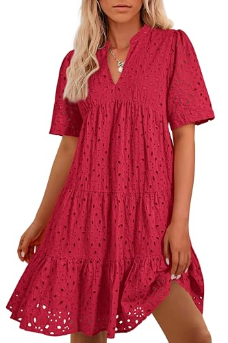 Image of BTFBM Womens Boho Summer Dresses 2026 Spring V Neck Short Sleeve Hollow Out Lace Ruffle Casual Beach Mini Vacation Dress