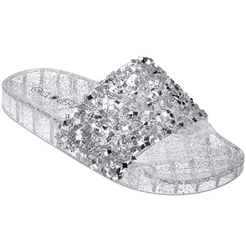 CLOVERLAY Women’s Summer Flip Flop Open Toe Jelly Sandal Rhinestone Glitter Slide Sandals Slippers