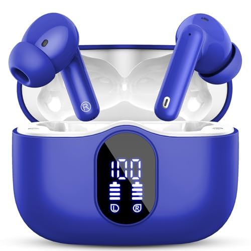 Wireless Earbuds, Bluetooth 5.4 Headphones In Ear with 4 ENC Mic, New Wireless Earphones Noise Cancelling Deep Bass, LED Display, Bluetooth Earbuds 36H Playtime, IP7 Waterproof Ear buds, USB-C, Blue