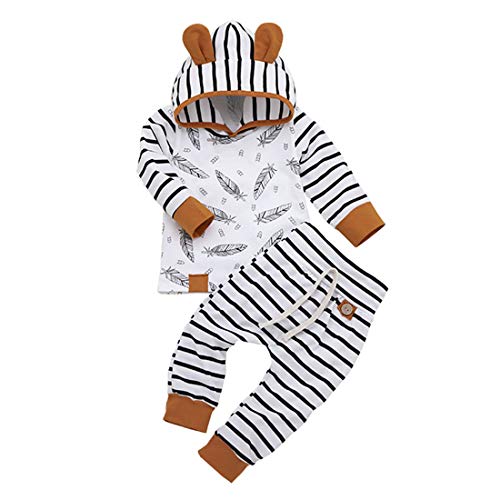 0-2Y Newborn Infant Baby Boys&Girls Long Sleeve Hooded Tops T-Shirt Shirt + Striped Pants Clothes Set (White, 0-6 Months)