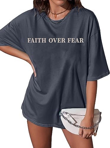 BANGELY Faith Over Fear Shirt Women Graphic Shirts Oversized Workout Gym Christian Religious Tees Drop Shoulder Tee Tops2