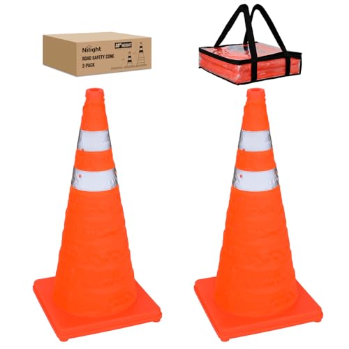 Nilight 28 Inch Collapsible Traffic Safety Cones 2 Pack - Bright Orange Parking Cones with Reflective Collars for Roadside Emergency, Parking, Driving Practice