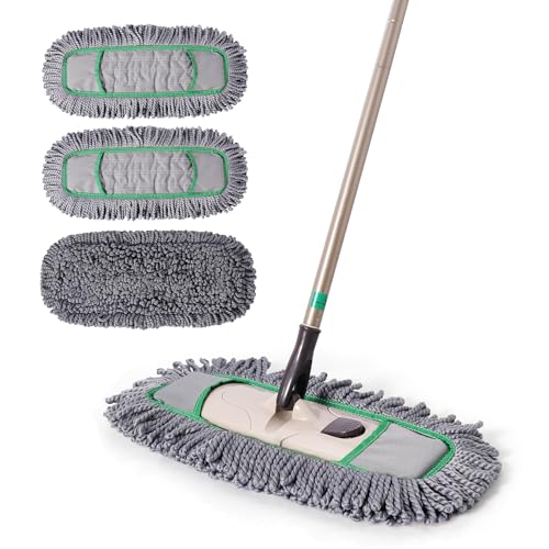 Eyliden Pro Dust Mops for Floor Cleaning - Total 3 Washable Microfiber Pads, One-Click Replacement, Telescopic Handle, Professional Design for Floors & Pet Hair (Grey+Green)