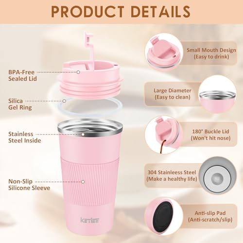 KETIEE Kaffeebecher to go,510ml Thermobecher Kaffee-to-go,Kaffeebecher Thermo,Doppelwandig Reisebecher Travel Mug,Vakuum Isolierbecher mit auslaufsicherem Deckel für Kaffee und Tee,Rosa 3