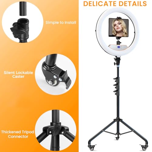 Image of 22 inch Foldable Ring Light with Stand 75 inch Tripod & Lockable Wheel /LED Display, for Live Tattoo Makeup Video Recording Barber Photography