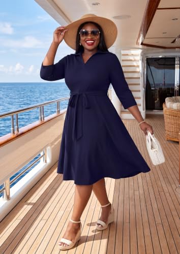 Image of FANDEE Plus Size Midi Dress for Women - Printing Summer Dresses for Wedding Guest Cocktail Party 3 /4 Sleeve V Neck(L-5XL)