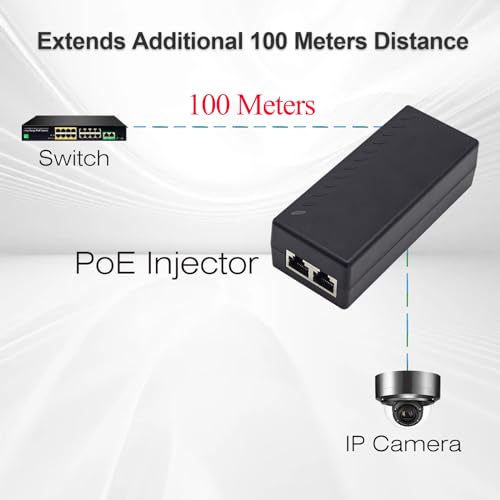 Image of Gigabit PoE+ Injector, 30W 48V, Black | 10 /100 /1000Mbps, IEEE 802.3af /at Compliance, Extend Network Up To 100M (328 ft), Plug and Play