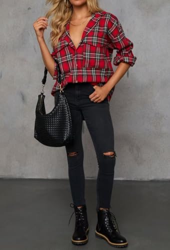 Image of Lacozy Womens Buffalo Plaid Flannel Shirt Long Sleeve Collar Button Down Blouses Tops