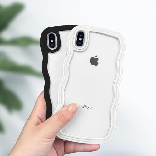 Image of GoldKart iPhone Xs Max Case Wavy Edge Clear Back Design, Anti-Slip Grip Cute Wave Curly Frame Shape Shockproof Soft TPU & Hard PC Bumper Protective Phone Case Cover for Women Girls - White