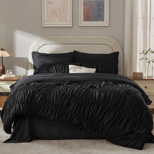 Image of Andency Ruched Full Size Comforter Sets Black, 7 Pieces Ruffle Bed Set in a Bag, Shabby Chic Pleat Bedding Set with Comforter, Sheets, Pillowcase & Sham, Lightweight, Soft, All Season