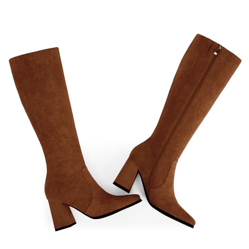 Image of Modatope Knee High Boots Women Chunky Heel Square Toe Fashion Tall Boots | Side Zipper pu Leather Tall Boots,Chunky Heel 70s Gogo Boots,Fashion Heeled Fall Winter Boots,Long Dressy Boots for Women