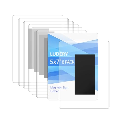 Ludery 5x7 Magnetic Sign Holder Clear Adhesive Wall Sign Holder Document Paper Holder Frames with Magnet Borders for Posters Perfect for Office Home Store Restaurant - 8 Pack