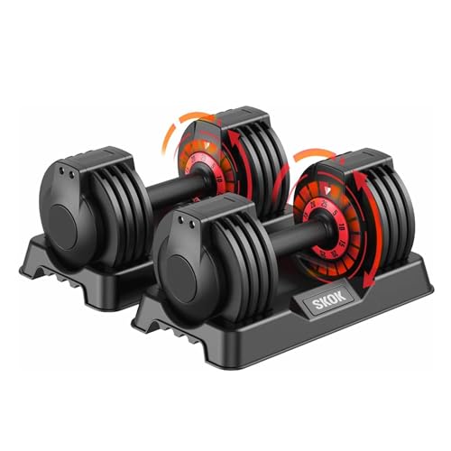 SKOK 25 lbs Pair Adjustable Dumbbells Set, Adjustable Weights Dumbbells Set for Men and Women with Anti-Slip Fast Adjust Weight by Turning Handle with Tray