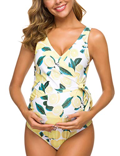 Tempotrek Maternity Swimsuit One Piece Elegant V Neck Pregnancy Swimwear Tie Front High Cut