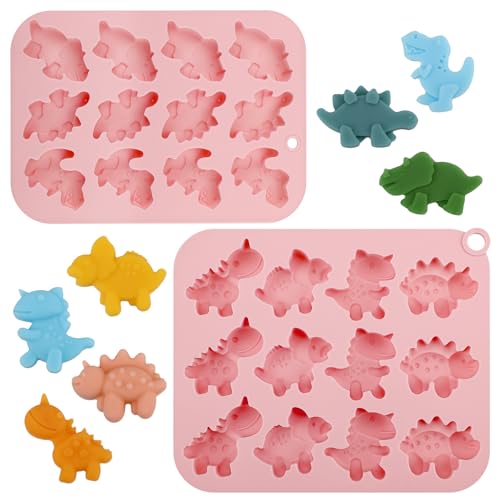 Beasea Chocolate Molds Silicone, 2pcs Mini Cute Dinosaurs Candy Ice Cube Making Silicone Mold for Baking Freezer Molds Small Tiny Nonstick Crafting Handmade Sheets Trays Mats