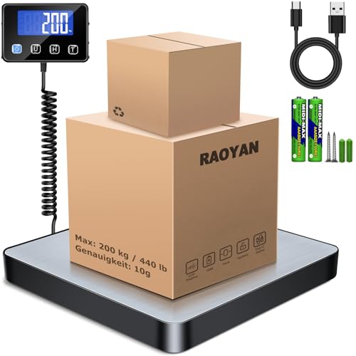 RAOYAN Báscula para Paquetes 440lb, Bascula Digital Alta precisión 10g con Función de Retención/Tara/LCD, Balanza Postal para Almacén/Express con Carga USB/2 Pilas AAA