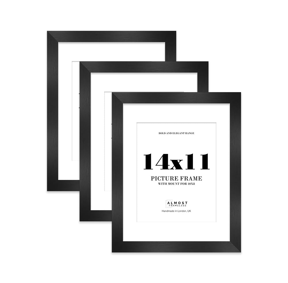 14x11 Black Frame With Mount for 10x8 Pictures 28mm Edge Portrait and Landscape Display with Wall Hooks and Kickstand, 3 Pack