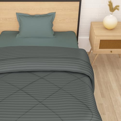 Image of Single Bed Comforter Blankets for Winter |Reversible Microfiber Comforter Single Bed | 180GSM 150x225 cm | Dark Grey & Stripes Pattern | AC Blanket Single Bed | Dohar | Quilt | Duvet