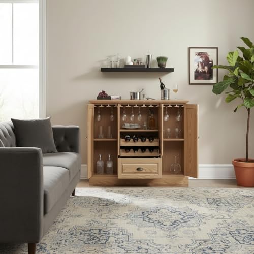 Image of APRODZ Solid Mango Wood Bar Cabinet for Home and Bar |Peetz Royal Stylish Wooden Wine Storage Rack with Drawer, Glass Holder & Bottle Organizer Drink Wine Rack Organizer for Living Room,Natural Finish