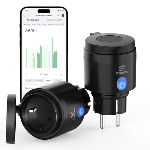 EIGHTREE WLAN Steckdose Outdoor, Zeitschaltuhr Aussenbereich mit Strommessung IP44 Wasserdicht, Smarte Steckdose mit Zeitschaltuhr, Fernbedienung & Sprachsteuerung, Kompatibel mit Alexa & Google Home