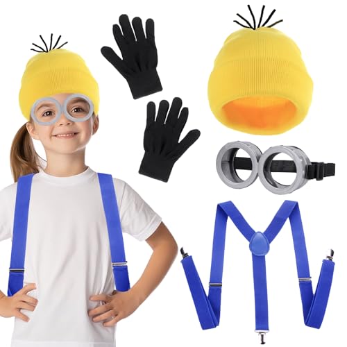 Gxhong 4Pcs Disfraces Cosplay Amarillo Adultos, con Gafas Guantes Negros Gorro Correas, para Mujeres Hombres Niños Halloween Pelicula