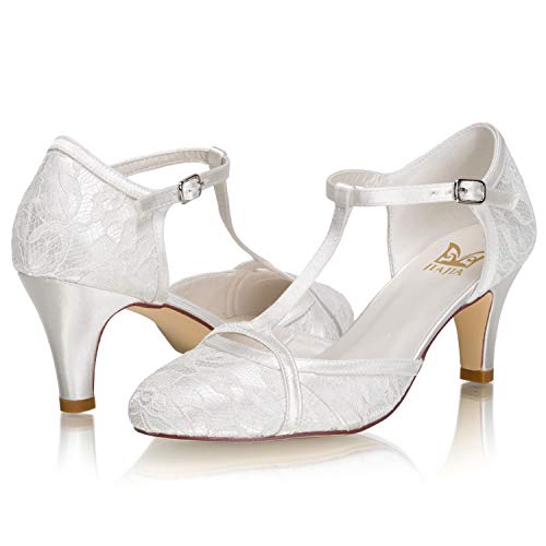 JIAJIA 62372 Women's Bridal Shoes Closed Toe 2.6'' Cone Mid Heel Lace Satin Pumps Wedding Shoes3