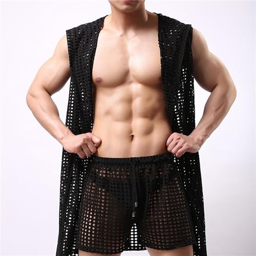 JEKE-DG Men's Sexy Hooded Mesh Robes See Through Sleeveless Lingerie Set Breathable Bathrobes Sleepwear Pajamas2