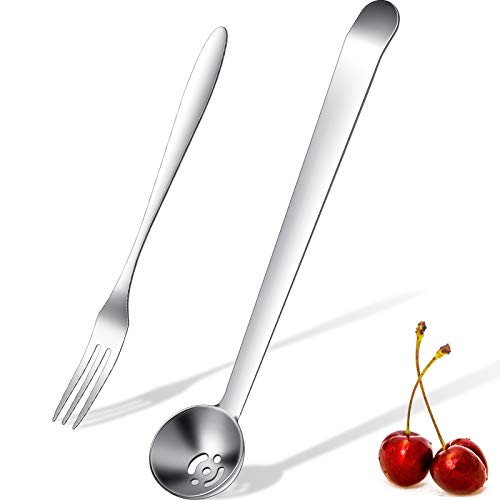 2 Pieces Olive Spoon Strainer Stainless Steel Pickle Forks Set Pick Jar Spoon and Fork Cherry Spoon with Drain Hole Jar Serving Spoon Tools for Onion Caper Slotted Spoon