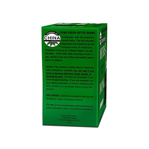 Uncle-Lees-Dieters-Detox-Tea-for-Weight-Loss-and-Belly-Fat-Chinese-Green-Slim-Tea-With-Senna-Leaves-100-Percent-Natural-No-Caffeine-30-Tea-Bags-Pack-of-3 China Green Dieters Tea by Uncle Lee - Detox Tea with Senna Laxative, Constipation Relief for Adults, Supports A Healthy Weight, Caffeine-Free Herbal Tea Bags, 30 Count (Pack of 3)